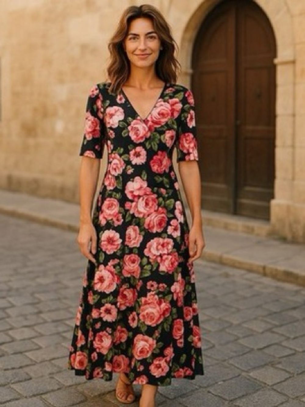 NEW with tags Agnes and Dora Floral V-Neck Maxi Dress in Black with Pink Roses